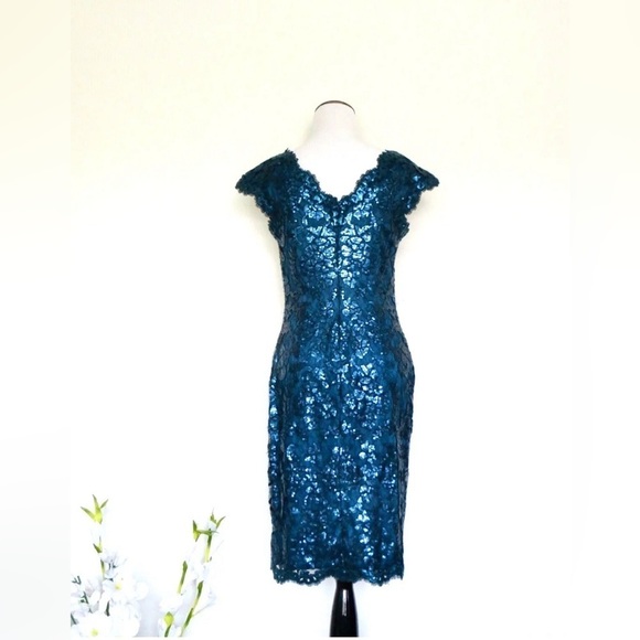 NEW! Tadashi Shoji Paillette Embroidered Lace V-Neck Dress Sequins Blue SZ 6 - Picture 10 of 14